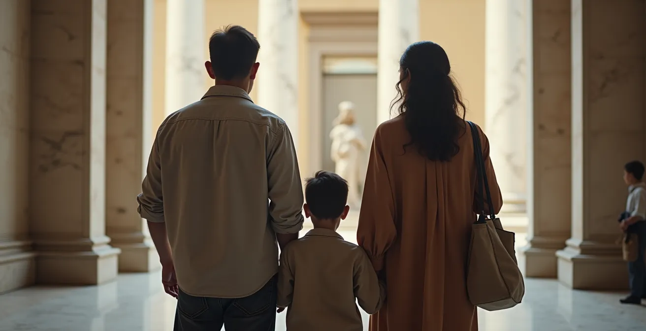 Menschen verschiedener sozialer Schichten vor einem imposanten Museumseingang, zögerliche Körpersprache zeigt Hemmschwelle