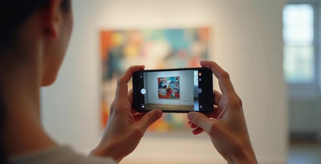 Hände halten ein Smartphone vor einem abstrakten Gemälde in einer Galerie, auf dem Bildschirm sind Filtereffekte zu sehen.