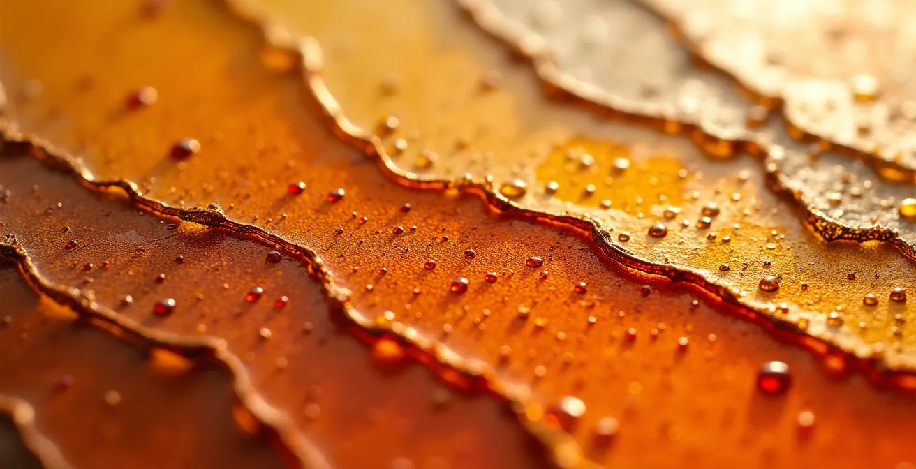 Mikroskopische Ansicht von Ölfarben-Schichten mit unterschiedlichen Brechungsindizes