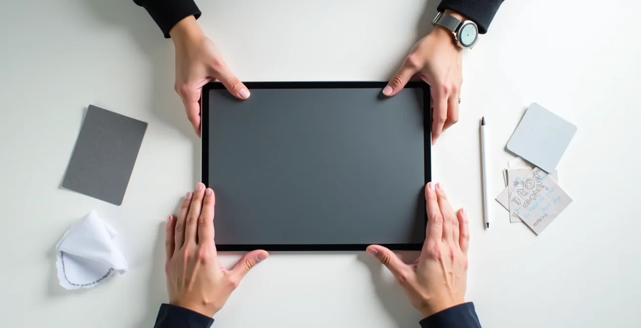 Hände, die eine matte Displayschutzfolie sorgfältig auf ein Tablet aufbringen