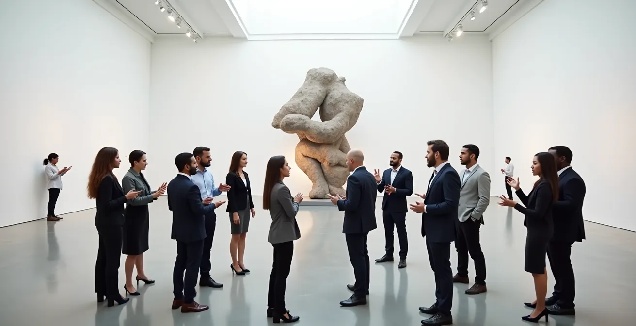 Ein diverses Geschäftsteam diskutiert angeregt vor einer abstrakten Kunstinstallation in einem hellen, modernen Museum.