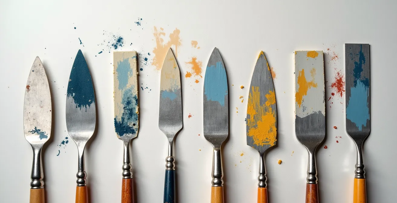 Nahaufnahme verschiedener Malmesser und Spachtel mit unterschiedlichen Klingen und Texturen