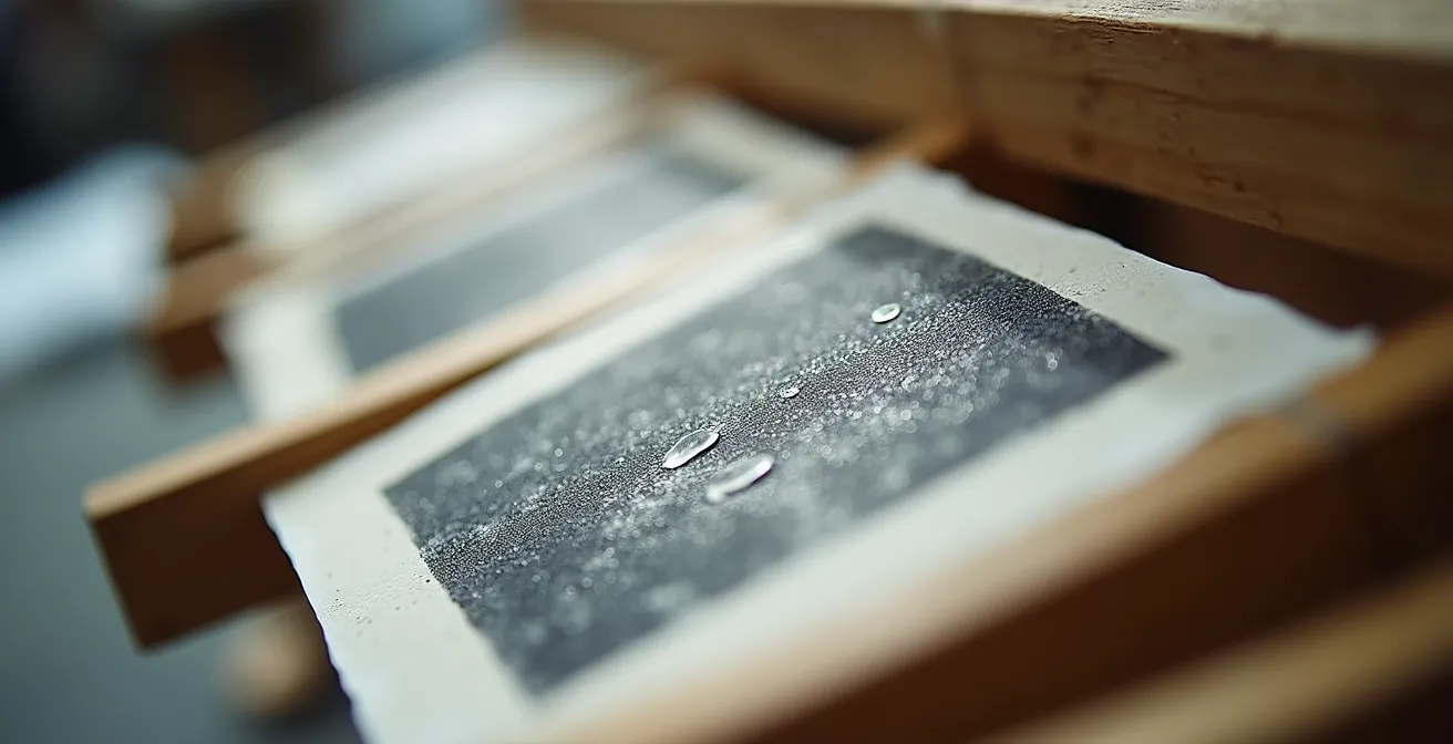 Platzsparendes vertikales Trockengestell mit frisch gedruckten Radierungen