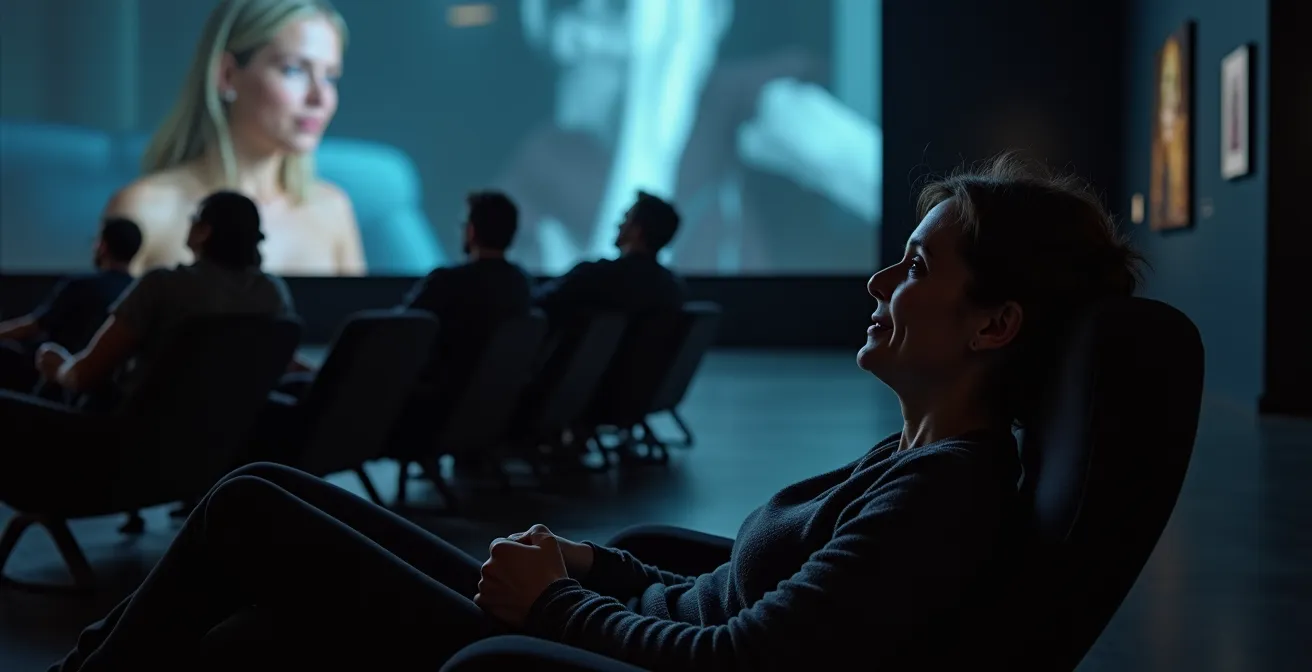 Ein Besucher sitzt entspannt auf ergonomischen Sitzmöbeln in einem abgedunkelten Videokunstraum.