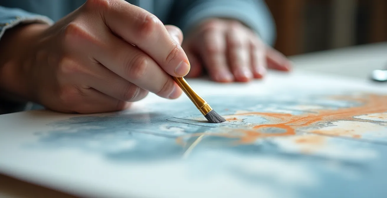 Detailaufnahme eines Pinsels, der präzise Lichtlinien aus nassem Verlauf herausarbeitet